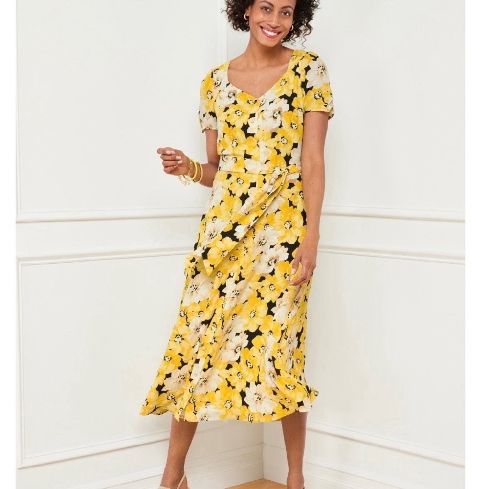 Talbots Yellow Floral Stretch Crepe Button Up Belted Midi Dress Size 14 PETITE